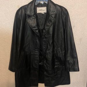 Leather jacket in black, size M, long coat style